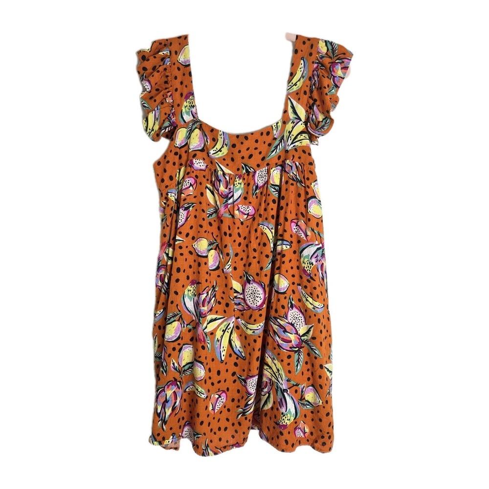 Anthropologie Kourt Tropical Print Ruffle Mini Babydoll Dress Linen Blend Boho M
